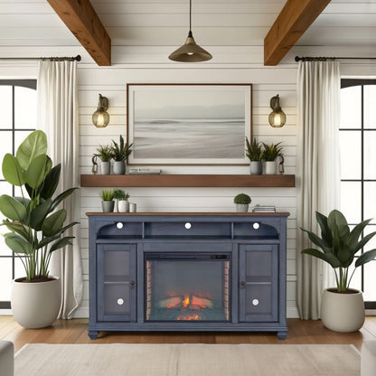 66" Blue Rubber Wood TV Stand for 80" TVs