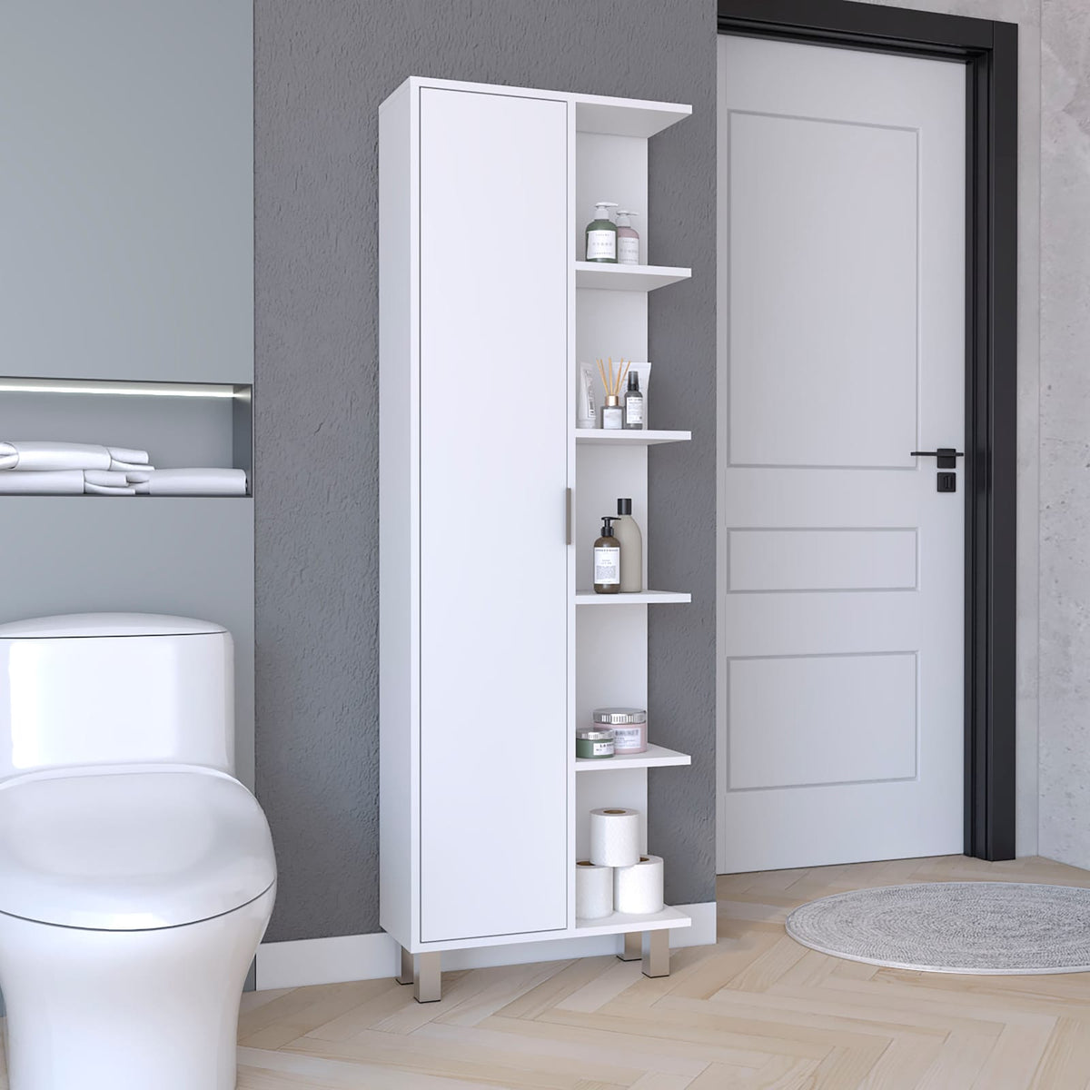 Crovie Linen Bathroom Cabinet - White, 63" High Storage