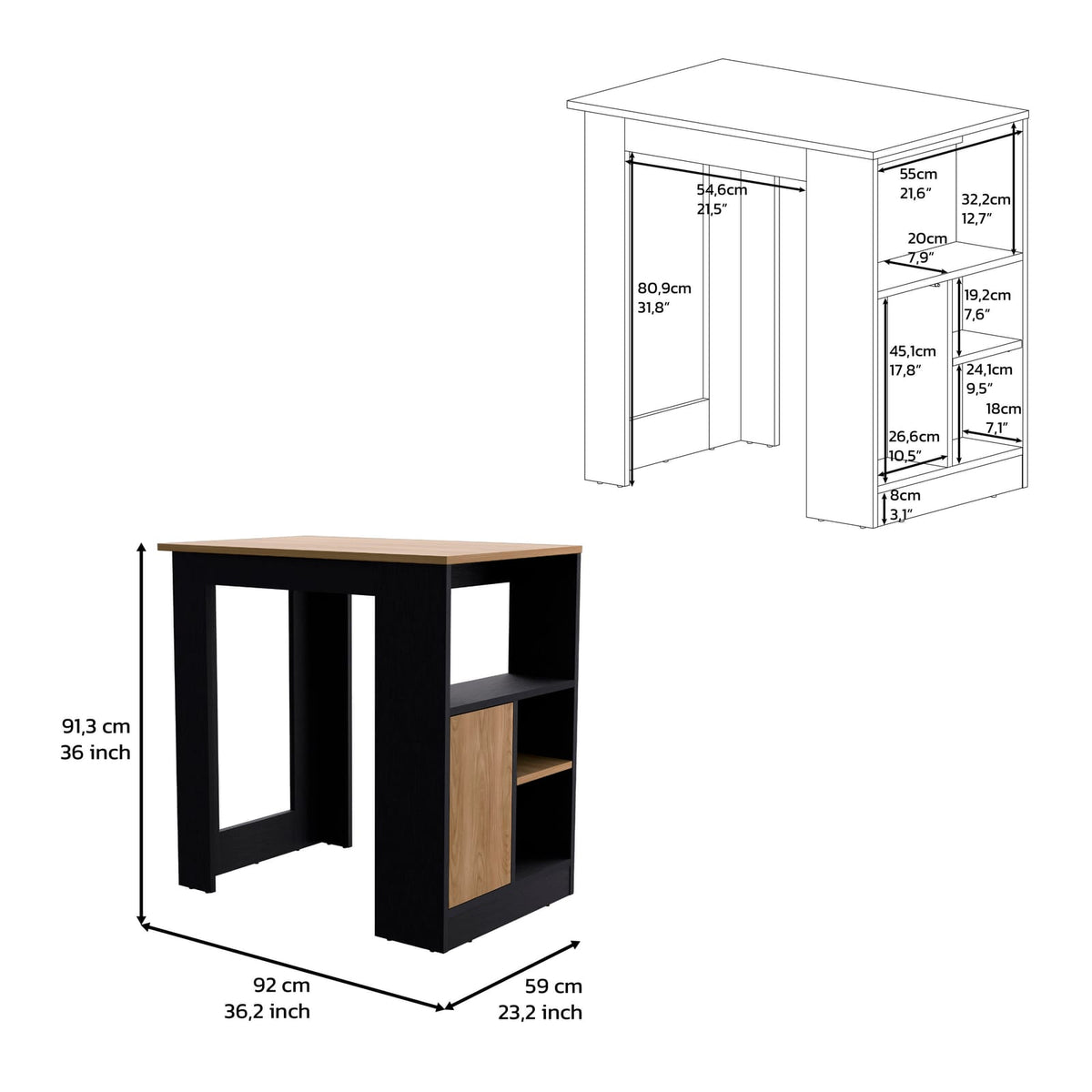 36" Kitchen Island - Black & Natural Oak Engineered Wood