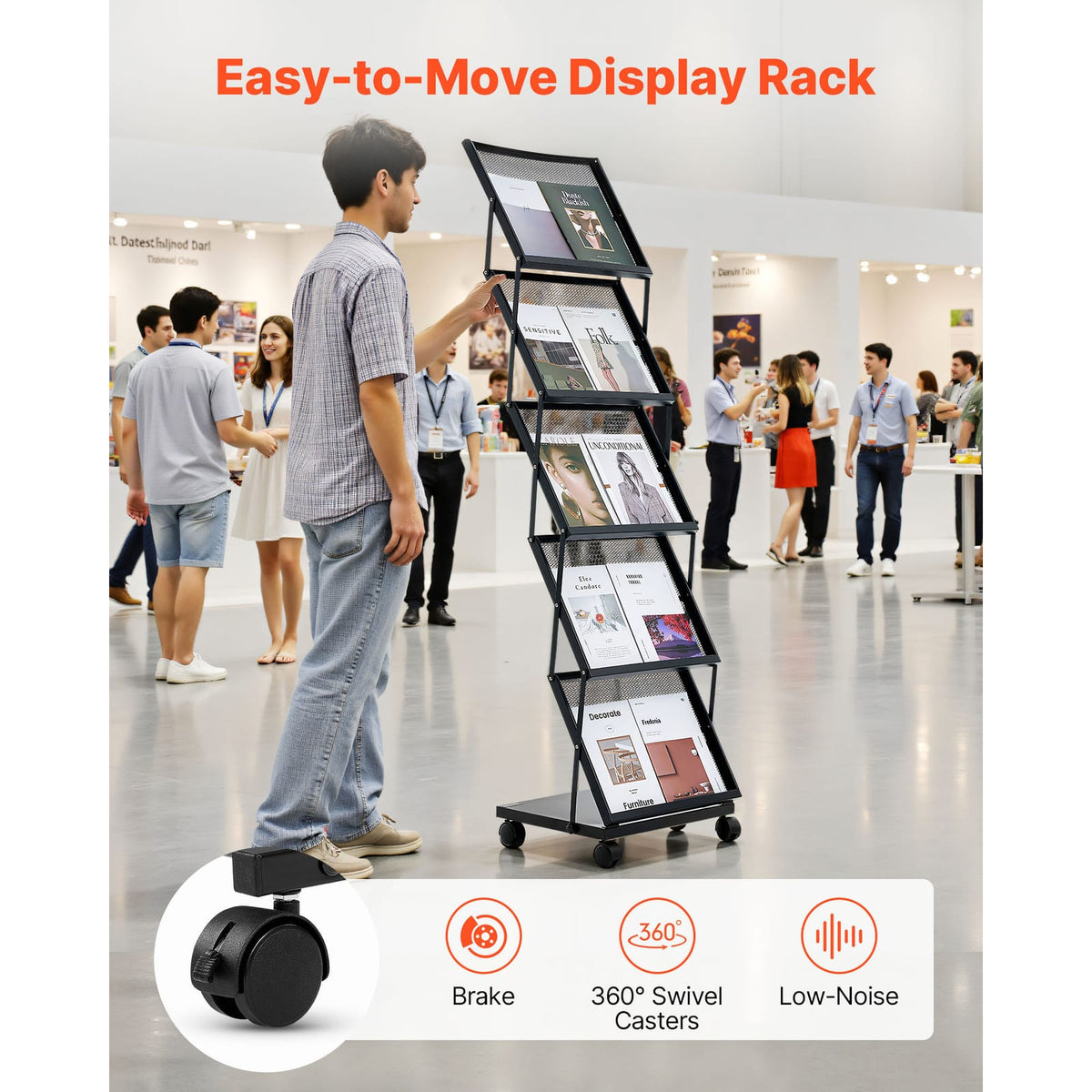 Foldable Metal Magazine Display Rack with Wheels for Office Storage for Living Room