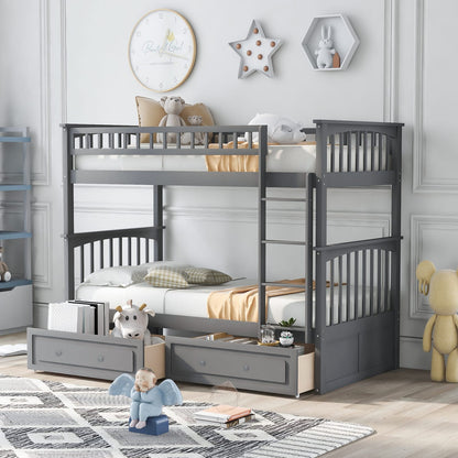 Twin Over Twin Bunk Bed Gray Wood Frame for Bedroom