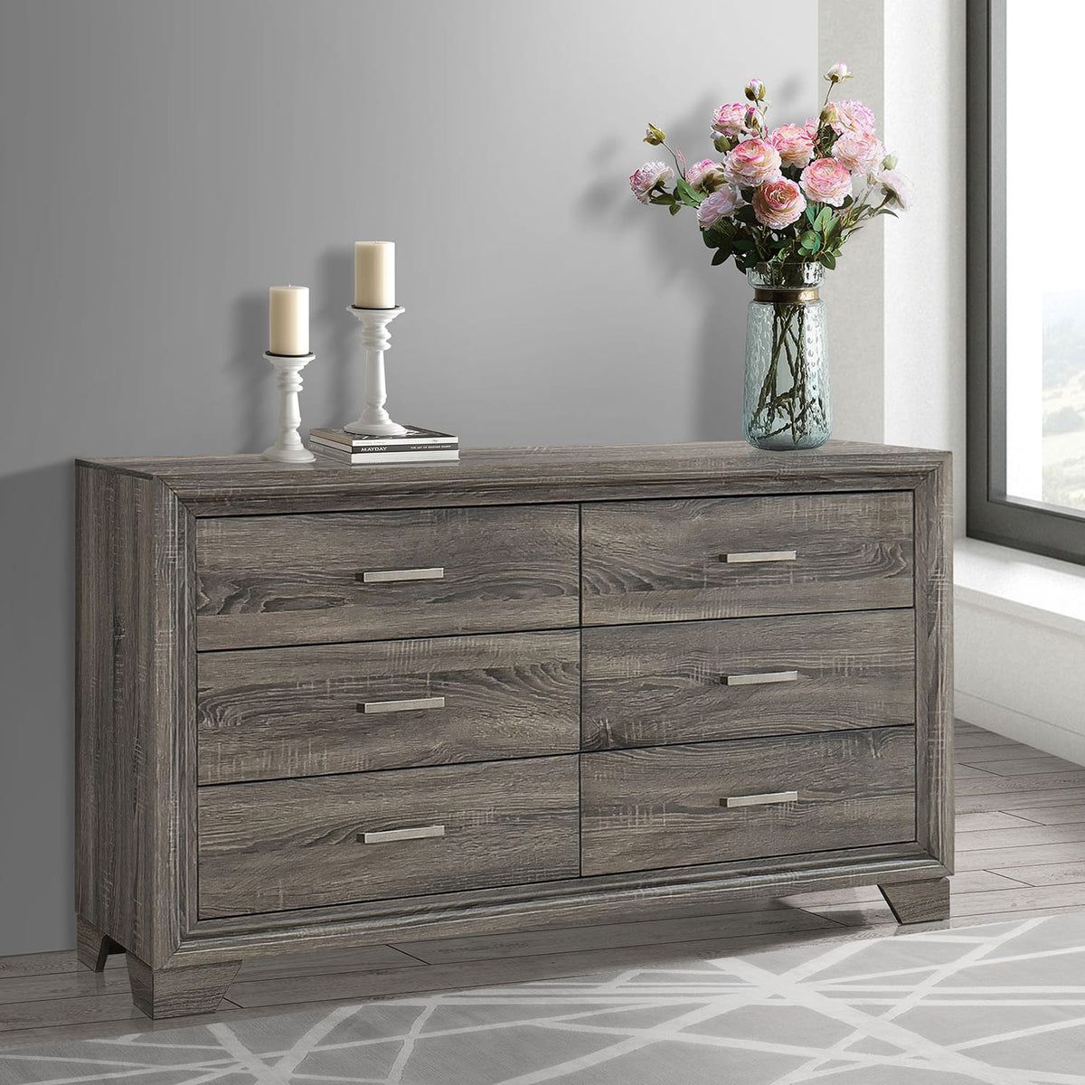 Funston Brown Oak 6-Drawer Dresser - Bedroom Storage
