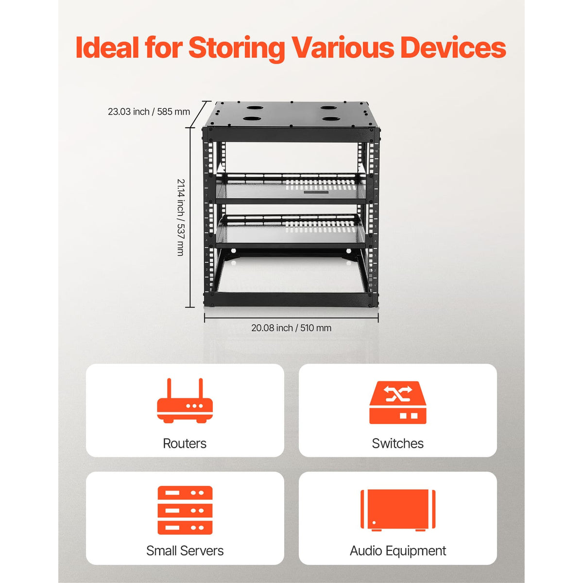10U Open Frame Network Rack - Black, 23.23" Depth, Wall/Floor Standing Server Storage