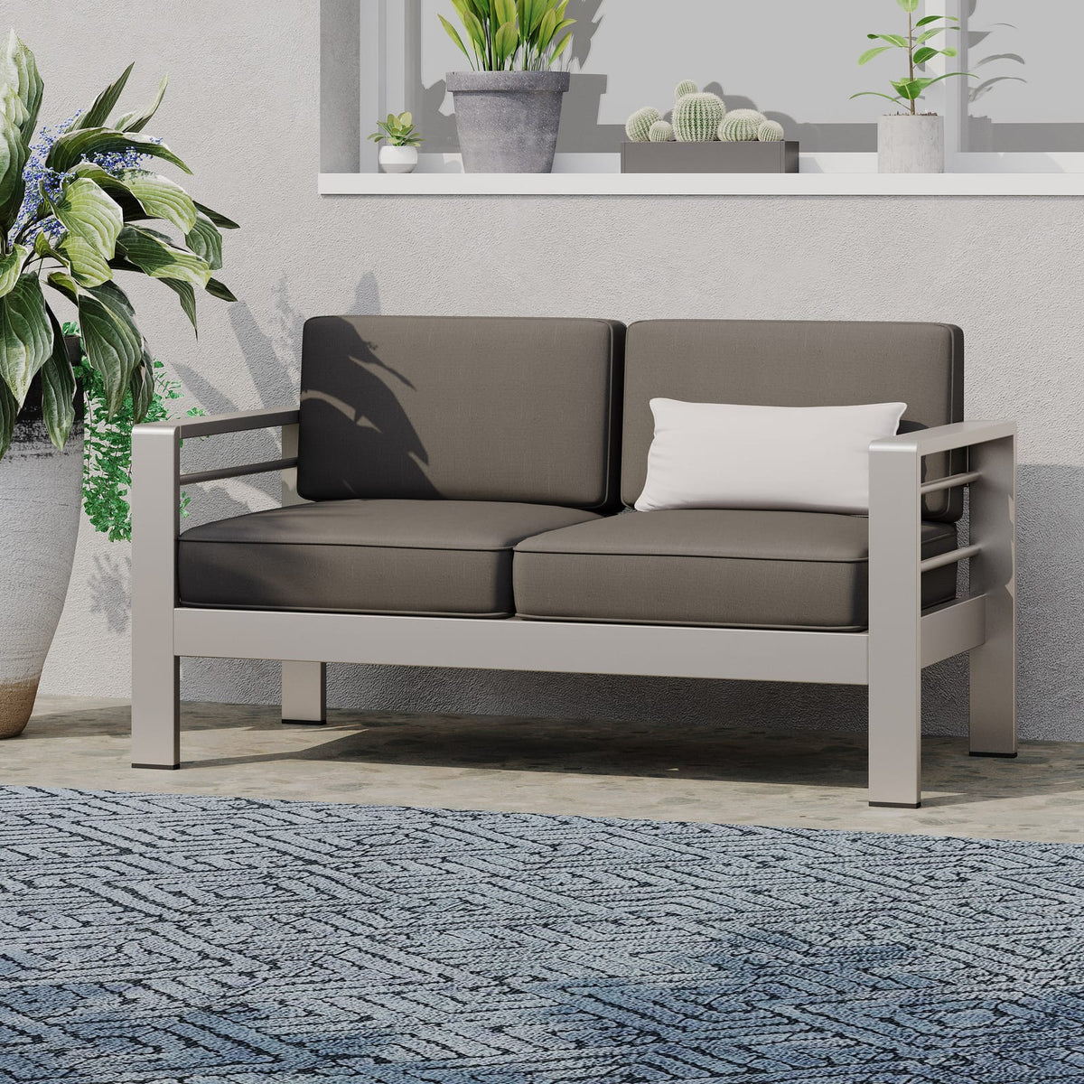 Khaki Aluminum Patio Loveseat for Garden and Poolside Seating