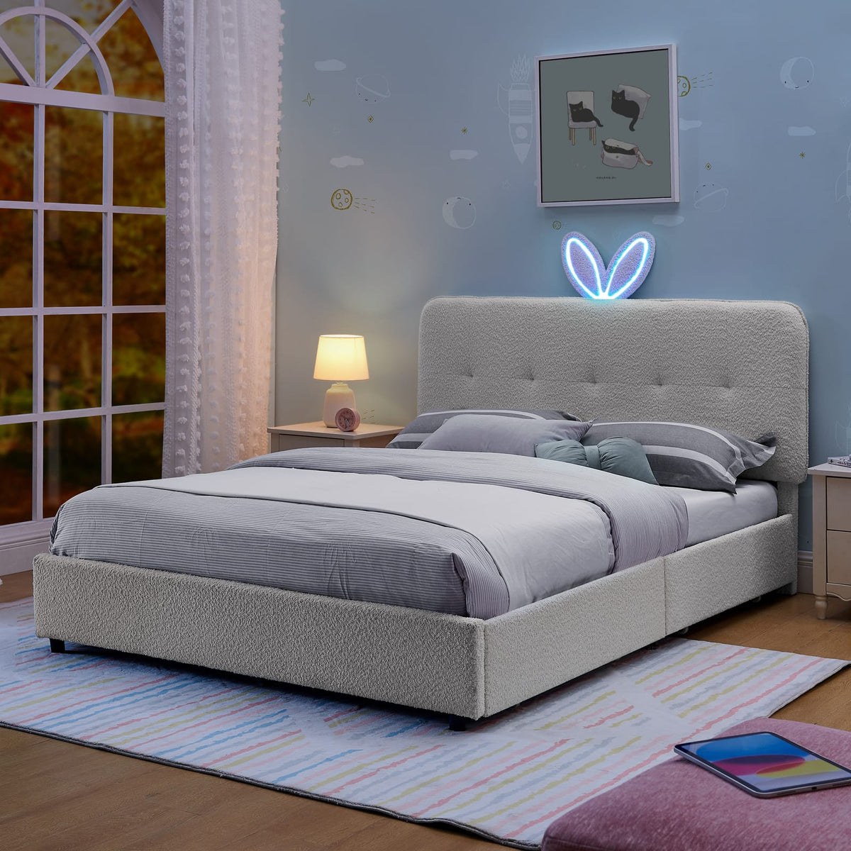 Full Size Kids Bed with Storage - Beige Boucle Fabric