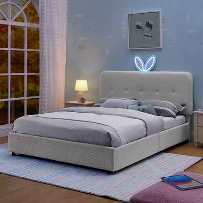 Full Size Kids Bed with Storage - Beige Boucle Fabric