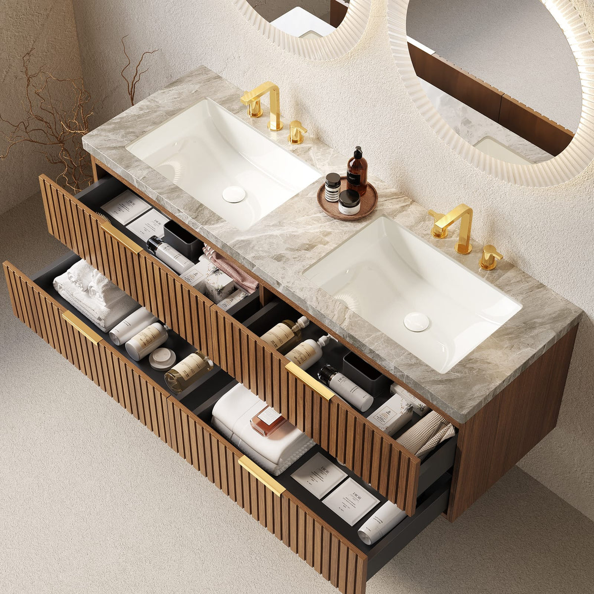 60" Brown Oak Bathroom Vanity with Sink Storage