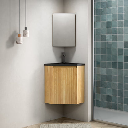 21.5 Inch Black and Natural Wood Corner Bathroom Vanity with Resin Basin