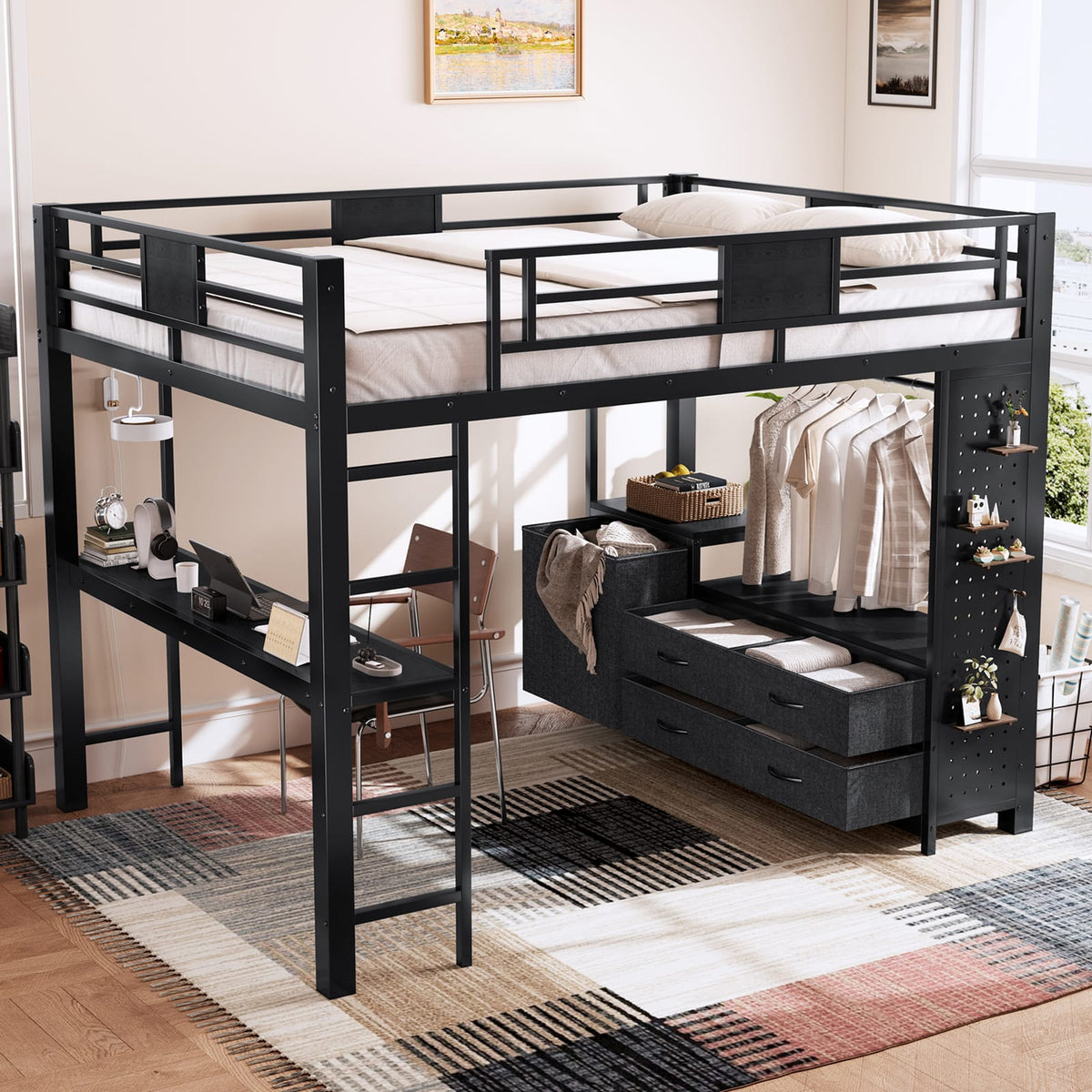 Queen Size Loft Bed with Desk - Black MDF Metal Frame for Bedroom