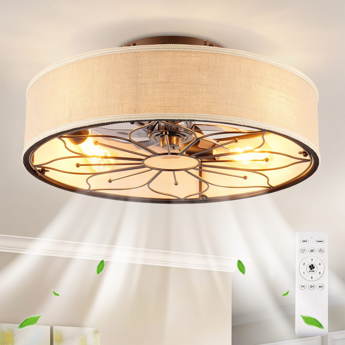 20" Lotus Design Fabric Farmhouse Ceiling Fan With Remote Control - Matte Black