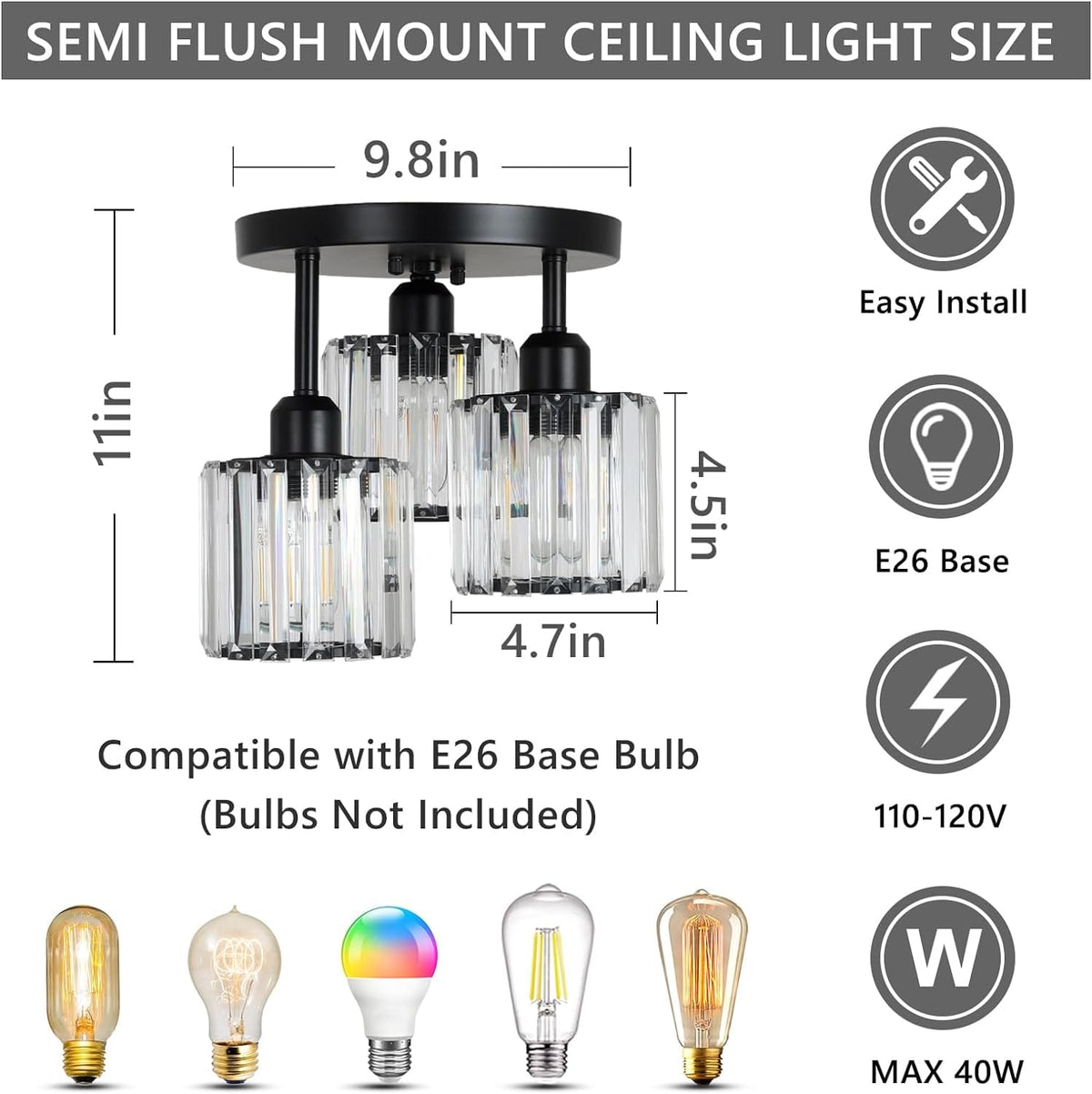 Black Crystal Flush Mount Ceiling Light - 3-Light Modern Fixture