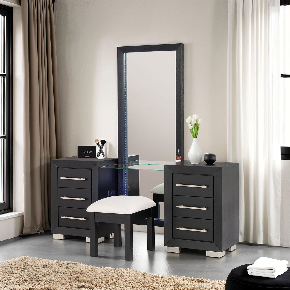 Black Acacia Wood Makeup Vanity with 5 Drawers for Bedroom