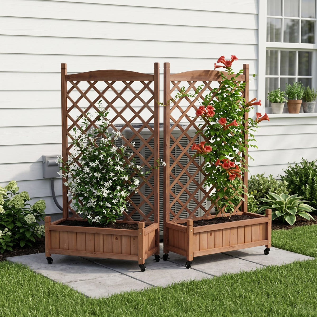 Raised Garden Bed with Trellis 2 Pack - Brown Wooden Planter Box