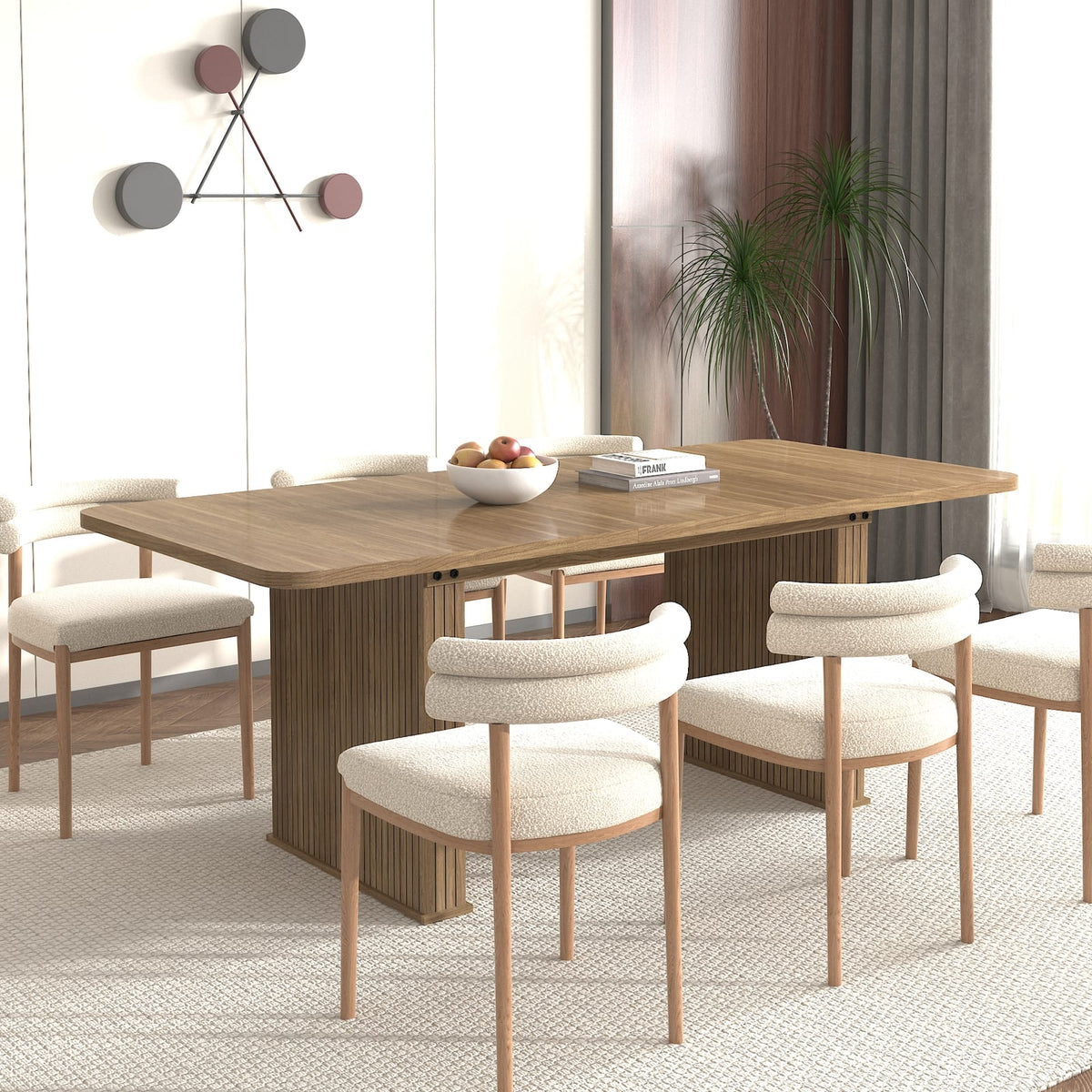 Extendable Dining Table for 6-10 Seats, Modern Beige Brown Wood