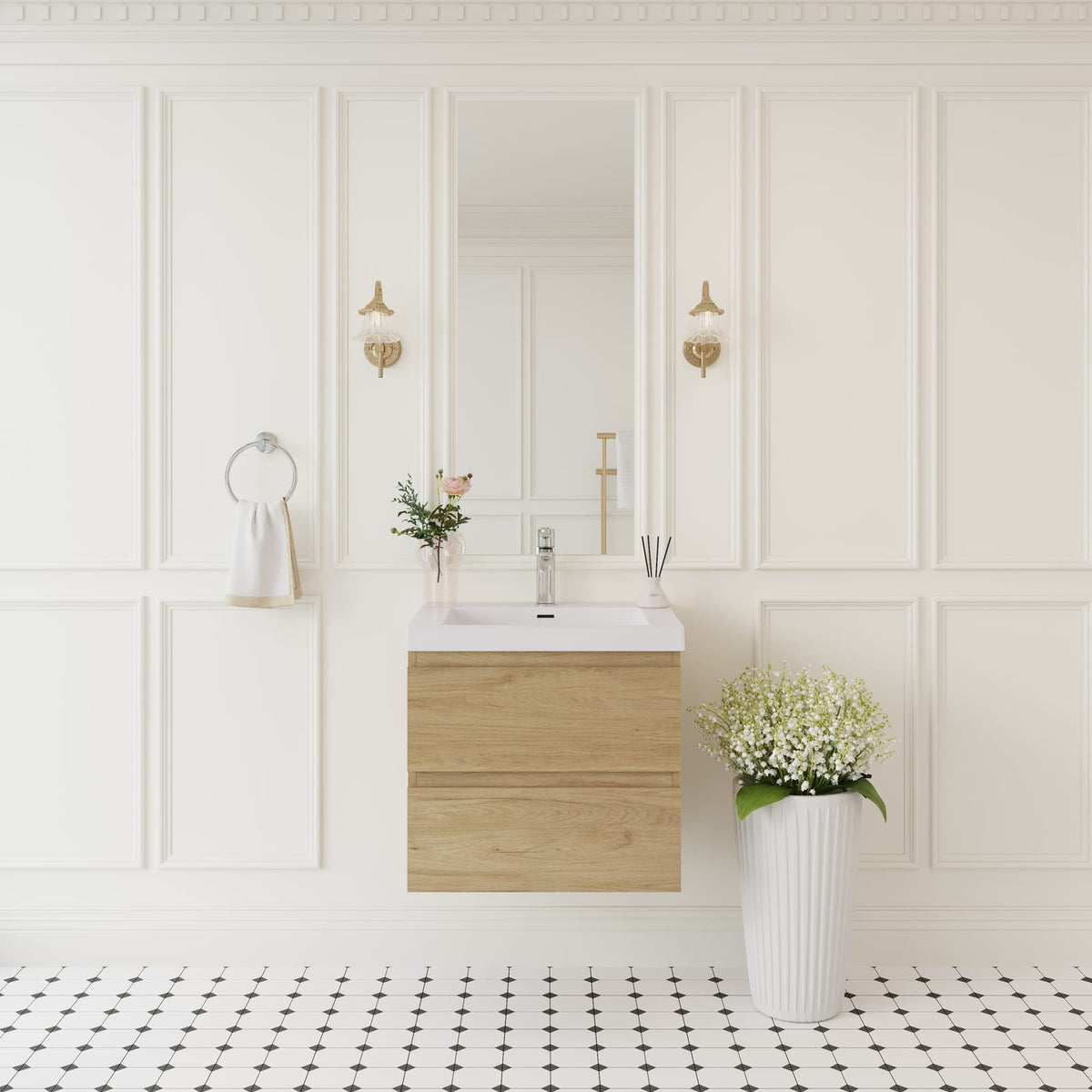 24 Inch Oak Wall-Mounted Bathroom Vanity with Resin Sink