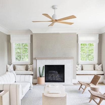 52 Inch Matte White Ceiling Fan - Wood Blades, DC Motor