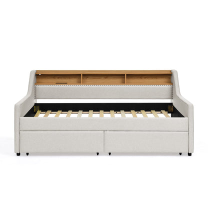 Twin Size Beige Sofa Bed with LED Lights & Storage