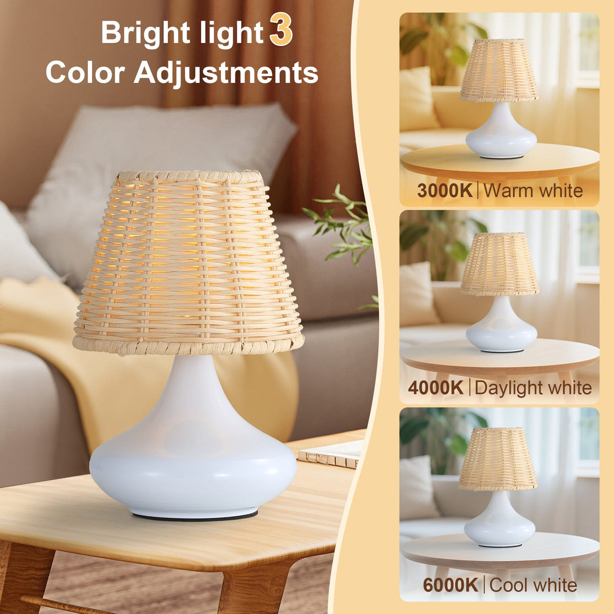 White Woven Bamboo Table Lamp - Dimmable LED Desk Night Light