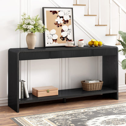 Modern 3-Drawer Console Table - Black MDF, Storage & Rounded Edges