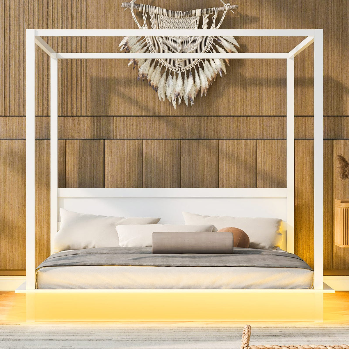 King Size Wood LED Canopy Bed - White Platform Bed No Box Spring