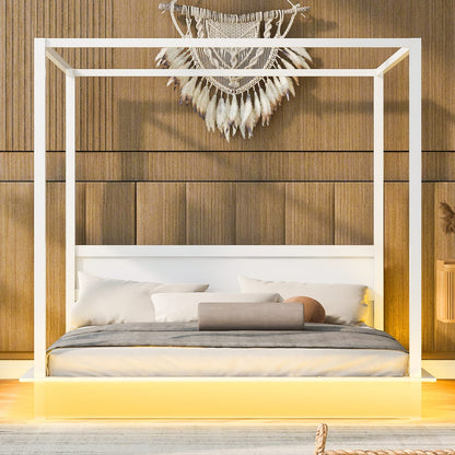 King Size Wood LED Canopy Bed - White Platform Bed No Box Spring