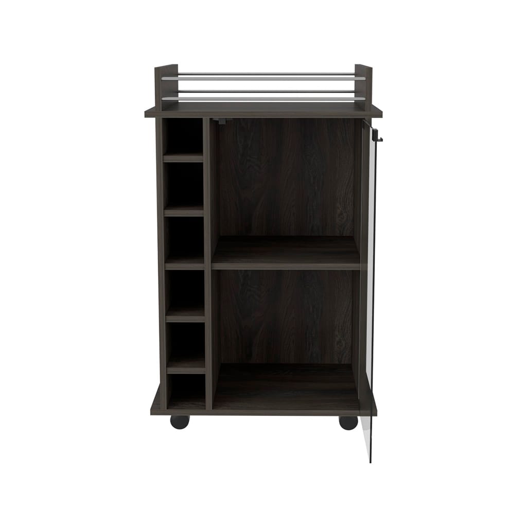 Espresso Particle Board Bar Cart with 6 Liquor Cubbies for Kitchen Storage