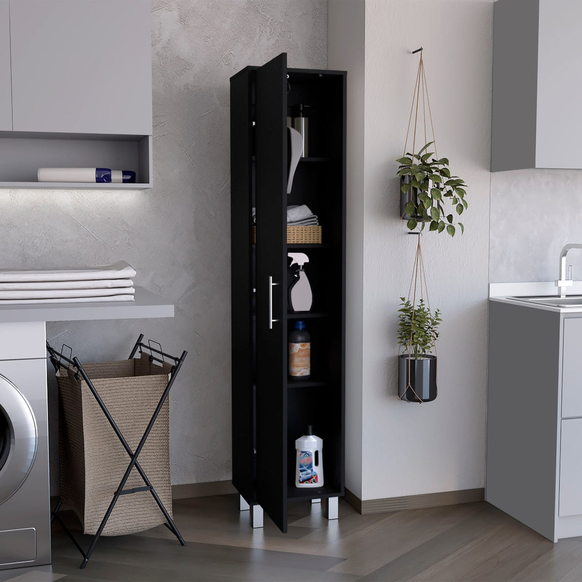 Laska 70" Tall Storage Cabinet - Black with Shelves for Living Room