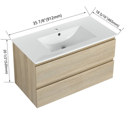 36" Wall-Mounted Bathroom Vanity - Light Oak, 2 Drawers