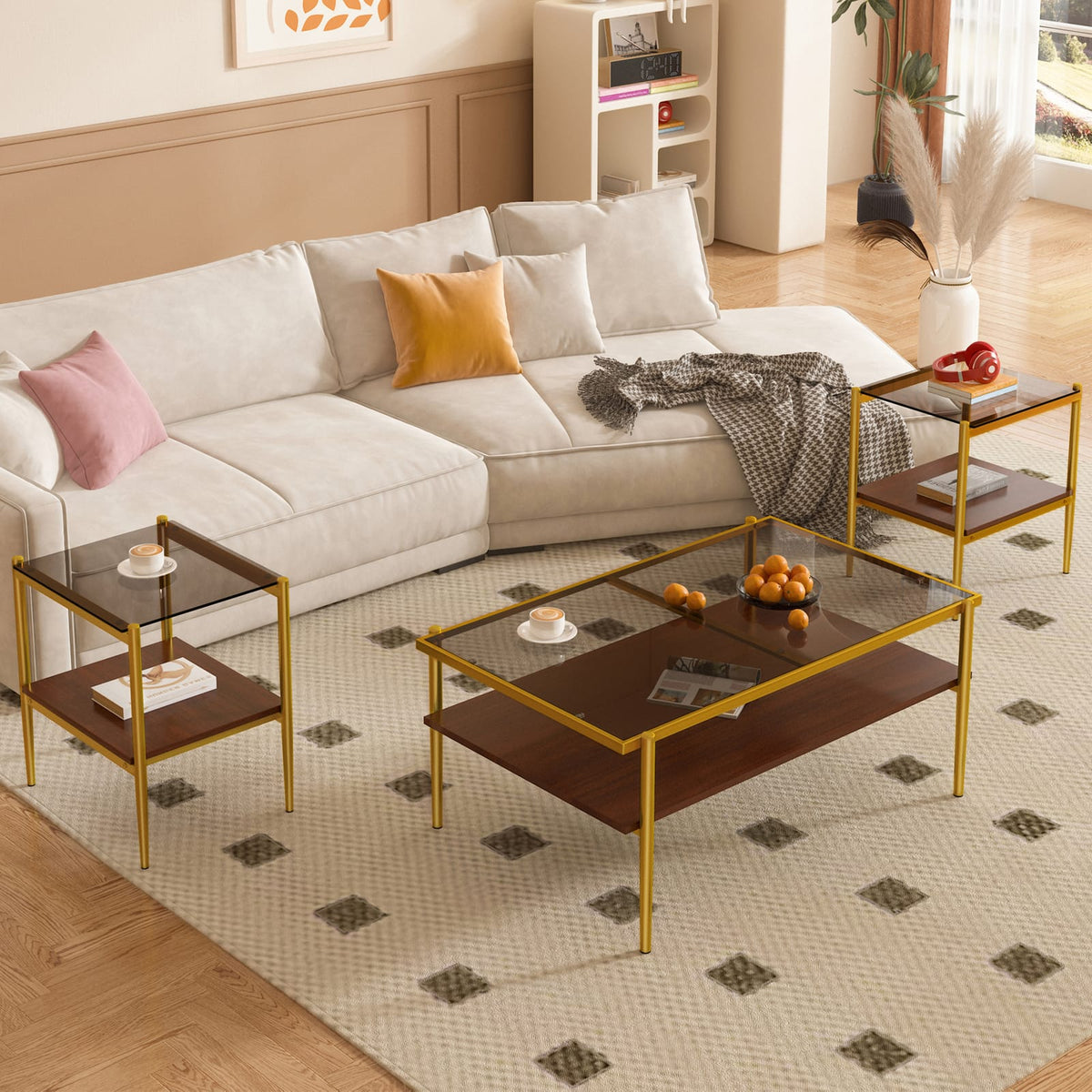 Gray Tempered Glass Coffee Table Set - 3 Piece Living Room Table