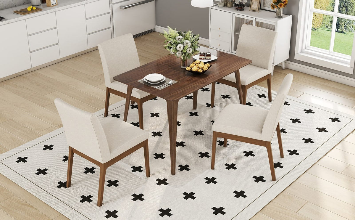 Brown Rectangular Dining Table Set with 4 Upholstered Chairs for Dining Room