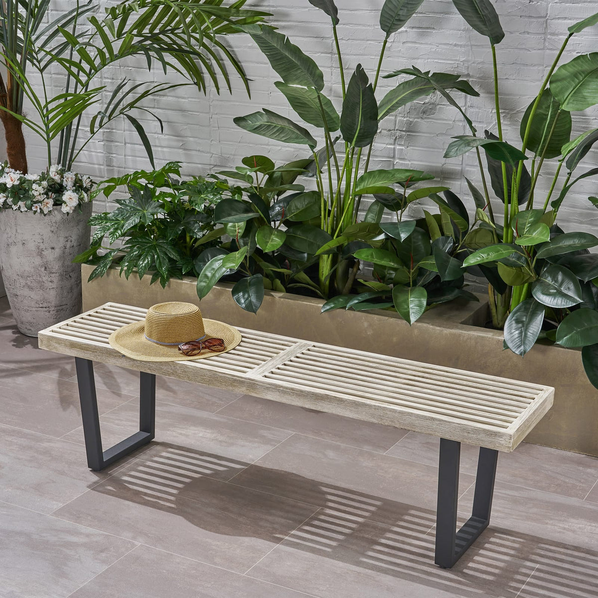 Metal/Solid Wood Outdoor Bench - Acacia Wood, Black & Gray