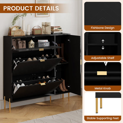 Black MDF Shoe Storage Cabinet - Flip-Up Drawers & Shelves