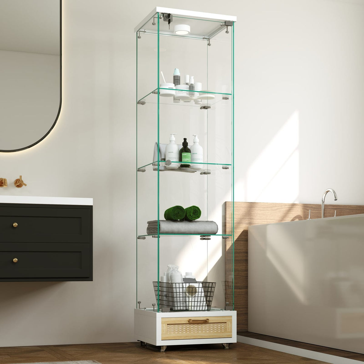 White Tempered Glass Display Cabinet with LED Lighting for Living Room