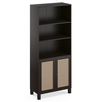 Tall Bookcase with Rattan Doors - 5 Tier Storage, Walnut
