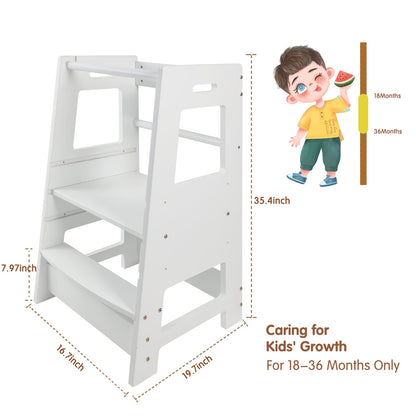 Adjustable Height Wooden Step Stool for Kids - White