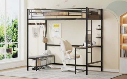 Twin Size Metal Loft Bed Frame with Brown Storage for Bedroom