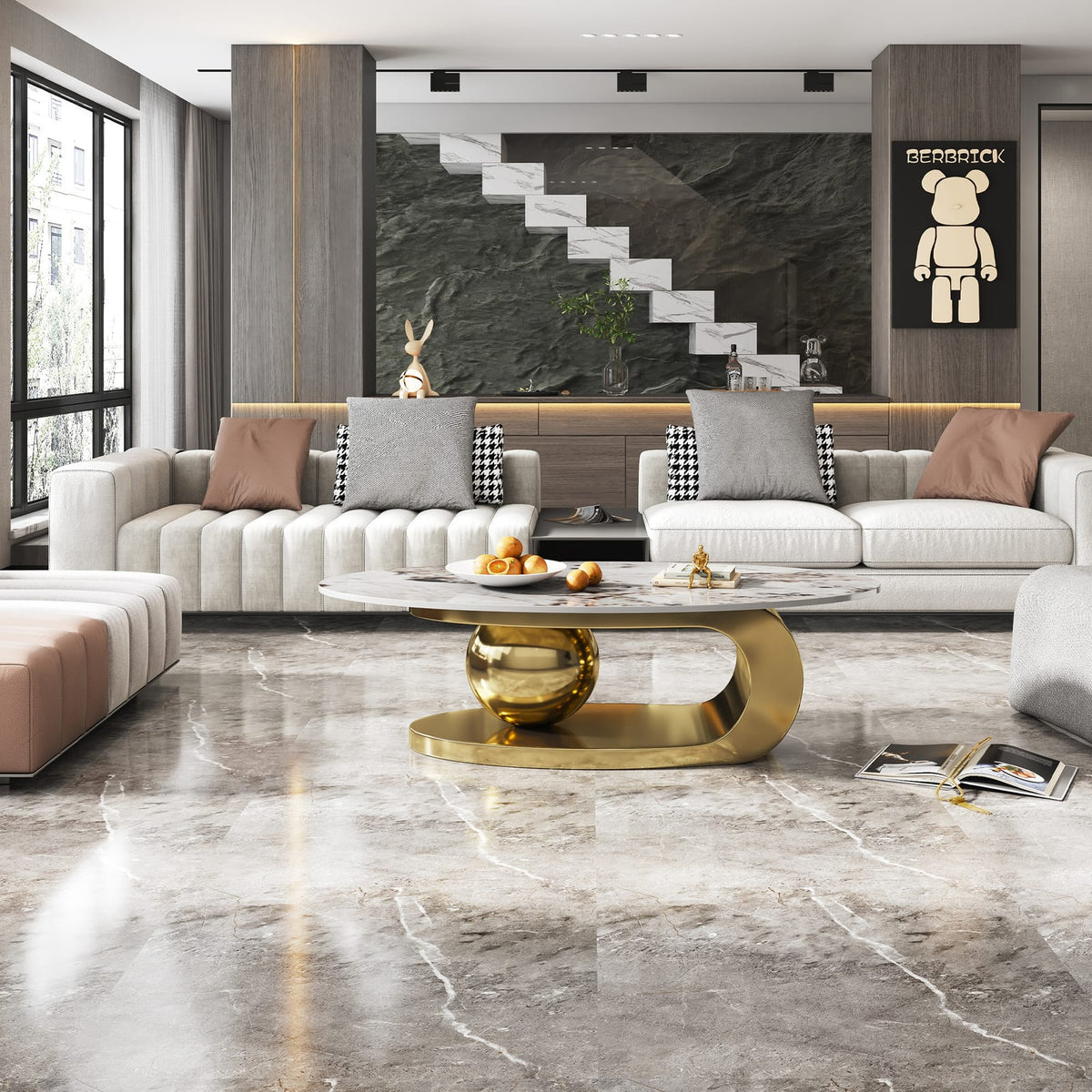 Gold Oval Faux Marble Coffee Table - Modern Living Room Style