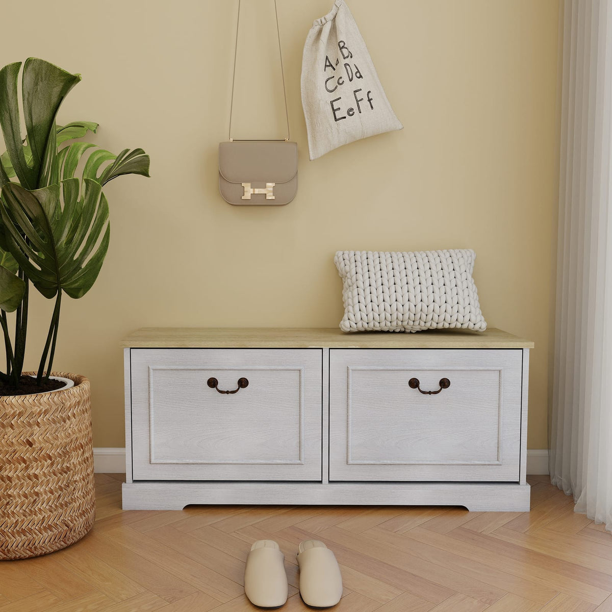Antique White Shoe Storage Bench - 2 Drawers, Adjustable Shelf for Living Room