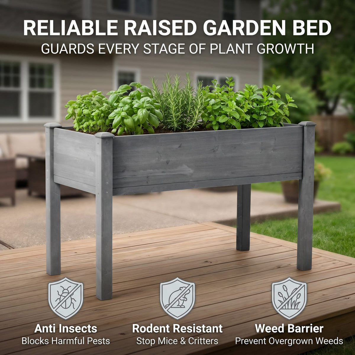 48x24 Raised Garden Bed - Grey Solid Wood Planter Box