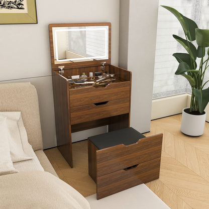 Walnut 3-in-1 Vanity Desk with Mirror and Stool for Storage for Bedroom