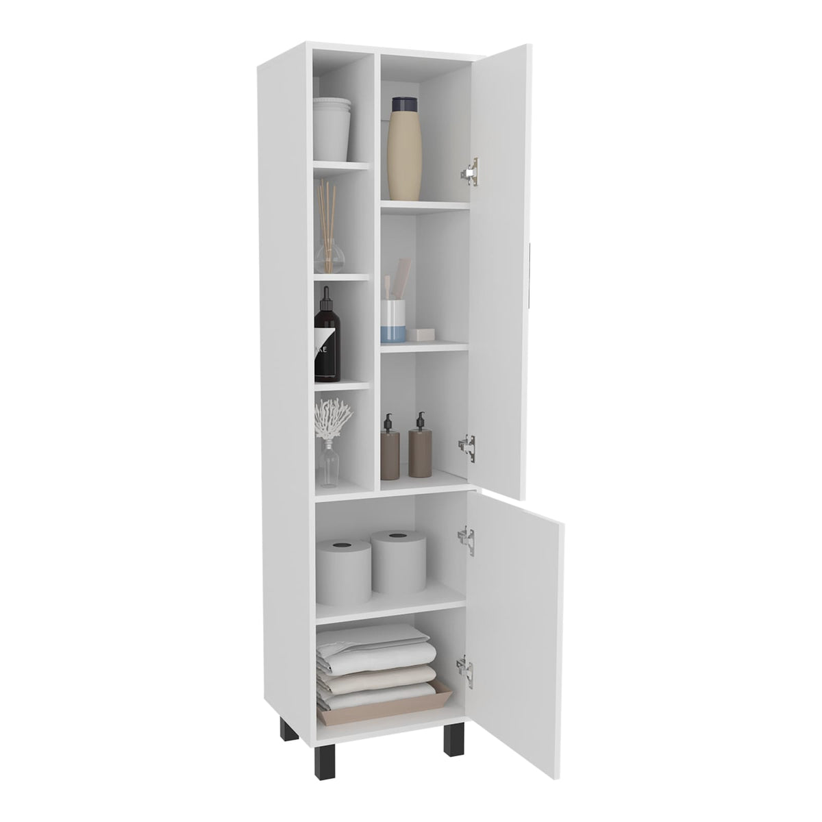 White Bathroom Linen Cabinet - 2 Door Freestanding Storage