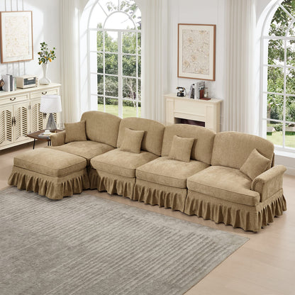Light Coffee Chenille Modular Sectional Sofa with Removable Ruffles for Living Room