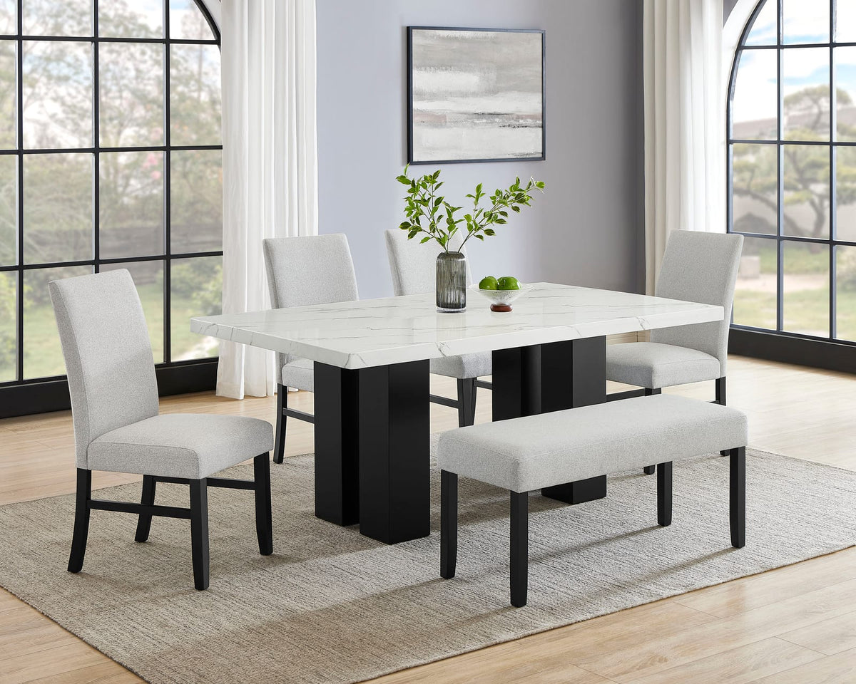 Contemporary Rectangular Dining Table with White Marble Top and Dark Wood Base