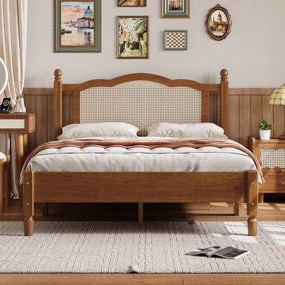 Full Size Walnut Rattan Bed Frame - No Box Spring Needed
