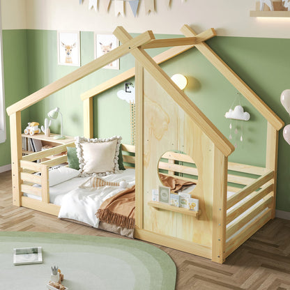 Twin House Floor Bed - Natural Wood, Safe & Sturdy Design