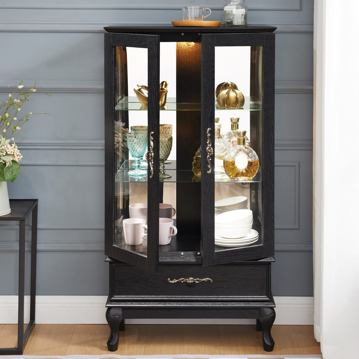 Black Glass Curio Cabinet - Display Cabinet with LED Lights