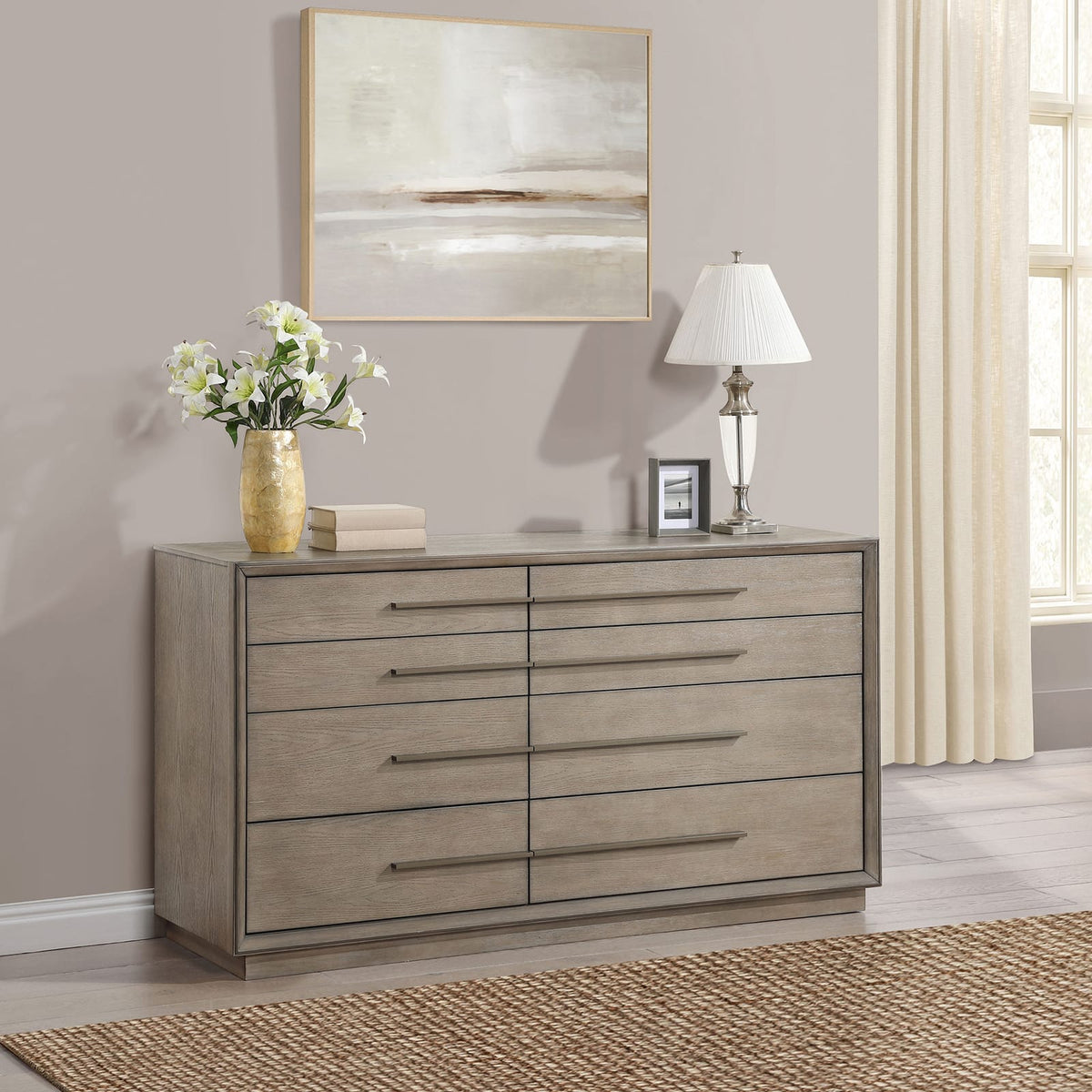Taupe Oak 8-Drawer Dresser - Bedroom Furniture