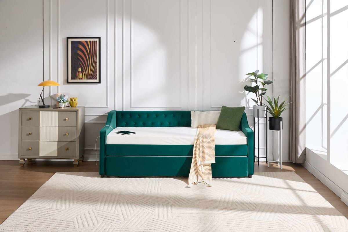 Emerald Velvet Twin Daybed with Trundle - USB Port for Living Room