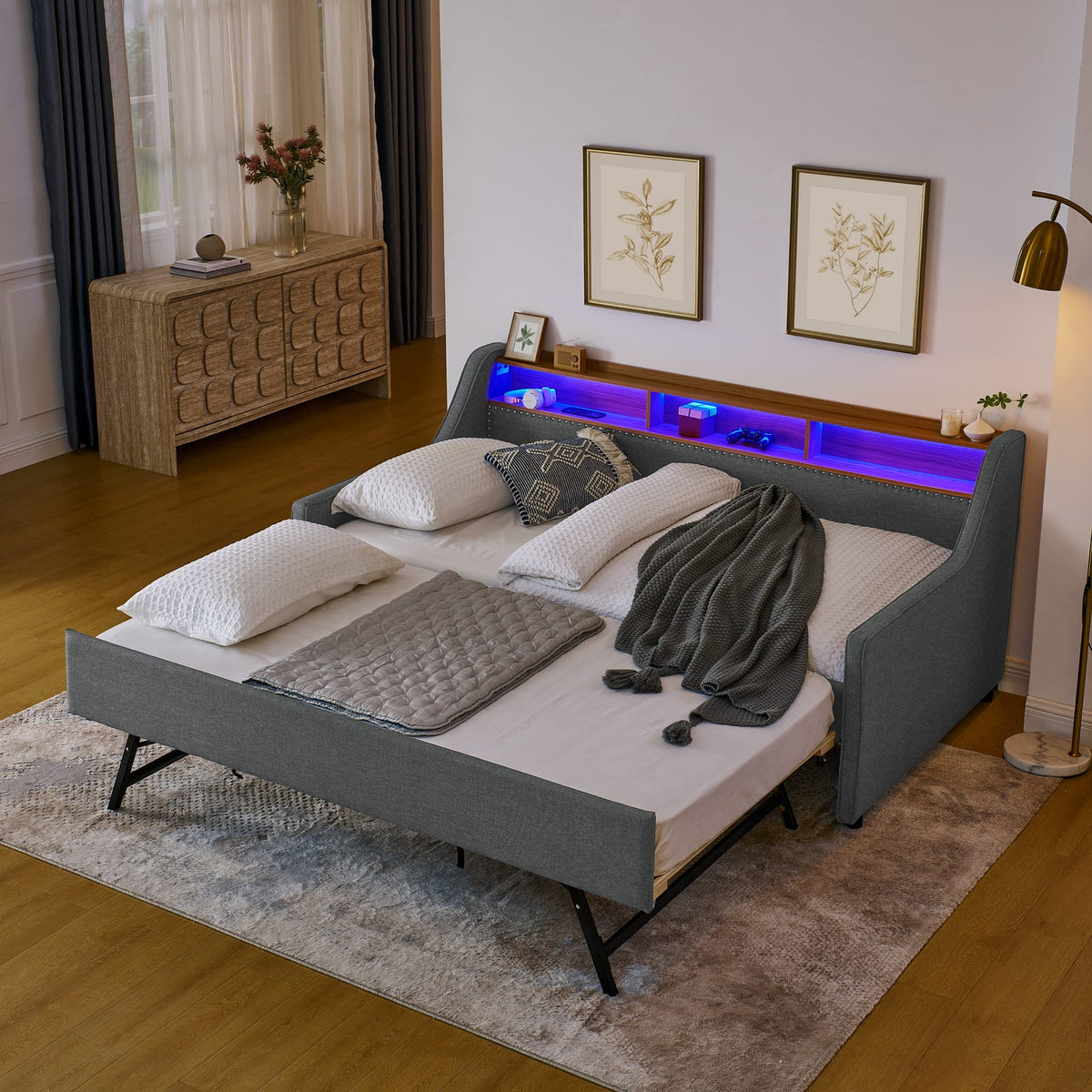 Grey Twin Sofa Bed with LED Lights, Trundle & Charging Storage for Living Room