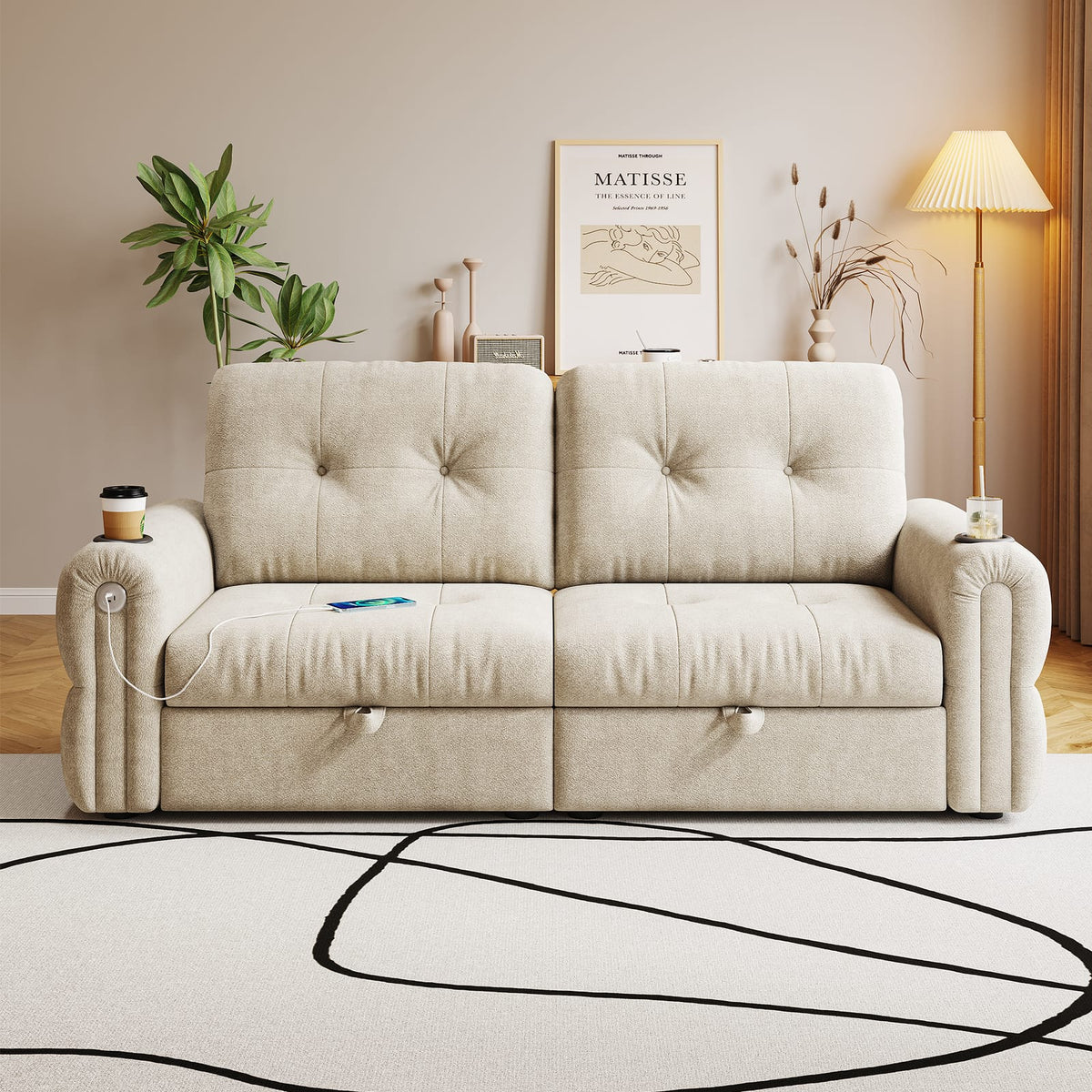 Beige Chenille Convertible Sofa Bed - 77" Multi-Functional Design for Living Room